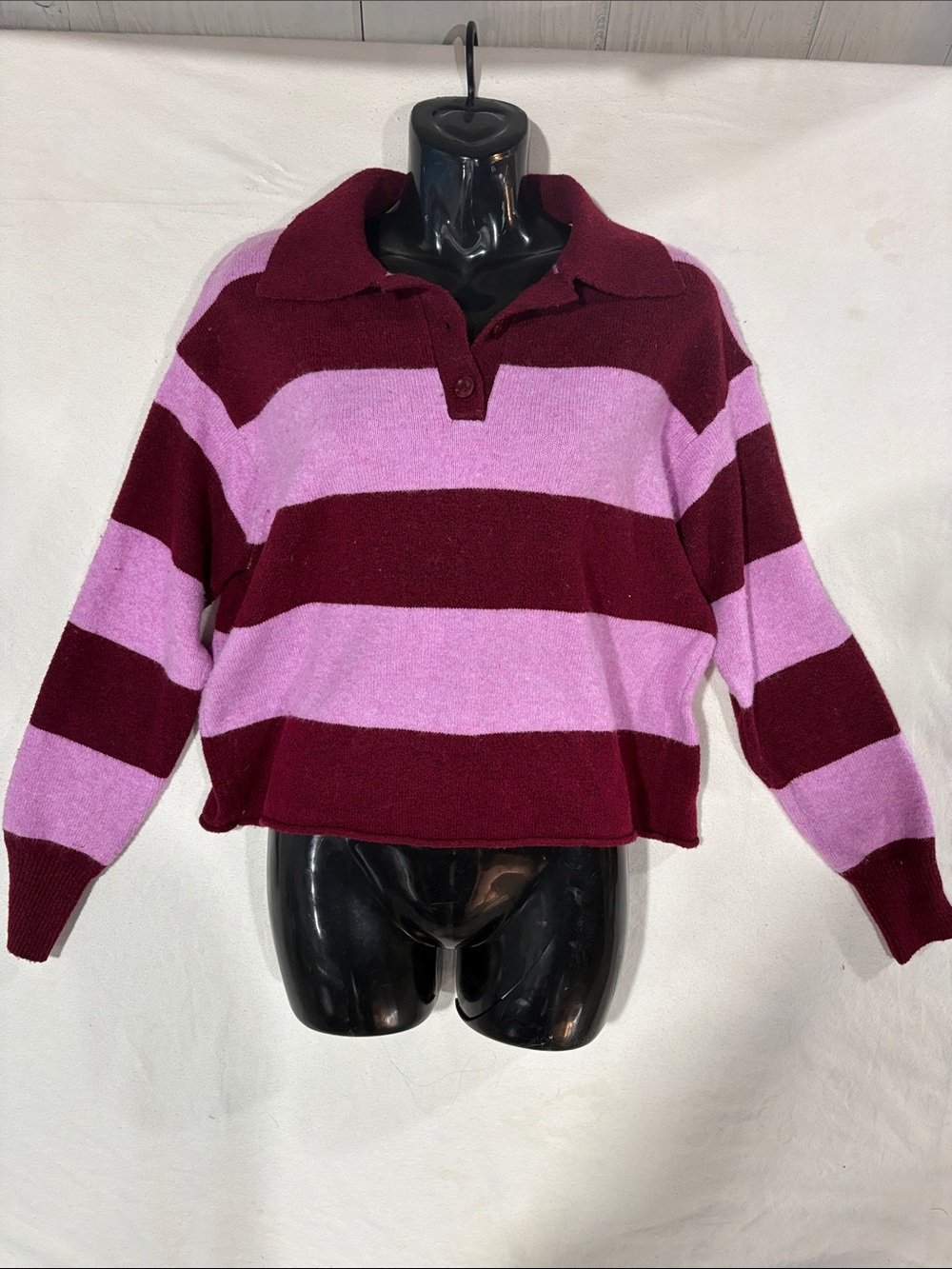 No Boundaries Maroon Pink Striped Cropped Collared Knit Polo Sweater - Size XS